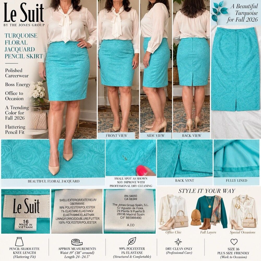 Le Suit Size 16 Turquoise Floral Jacquard Pencil Skirt Lined Career Plus Office